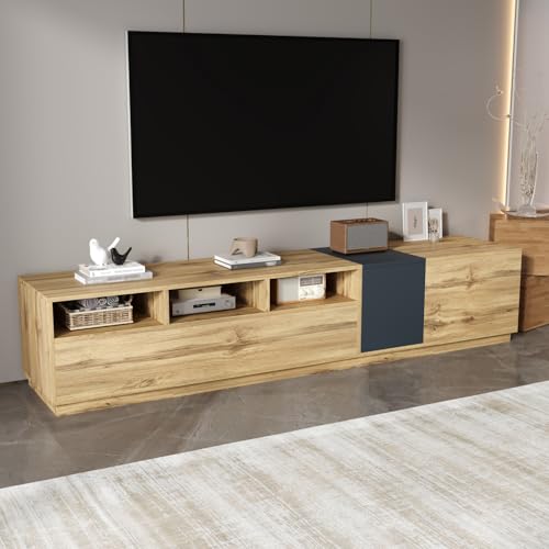 TV-Schrank mit 3 Türen, Fernsehkommode mit Offenen Fächern, Griffloses Design, Lowboard für Fernseher bis zu 80 Zoll, TV Board für Wohnzimmer, Schwarzgrau und Holzfarbe, 200x45x45cm TV-Schrank mit 3 Türen, Fernsehkommode mit Offenen Fächern, Griffloses Design, Lowboard für Fernseher bis zu 80 Zoll, TV Board für Wohnzimmer, Schwarzgrau und Holzfarbe, 200x45x45cm von OLIVIBED