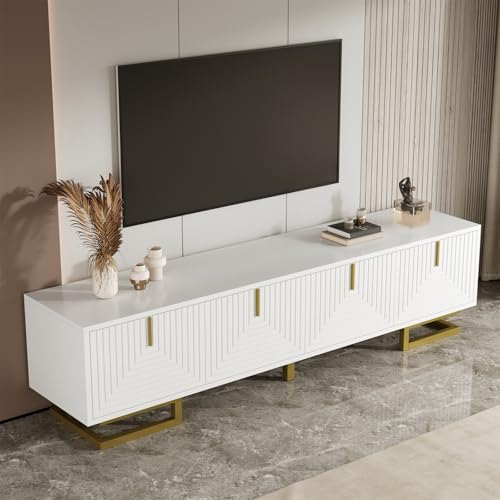 TV-Schrank mit Strukturierter Tür, Lowboard mit Goldene Beine und Griffe, Fernsehtisch für Fernseher bis zu 65 Zoll, Fernsehschrank für Wohnzimmer, Schlafzimmer, 160x38x44.5cm, Weiß (Weiß) von OLIVIBED
