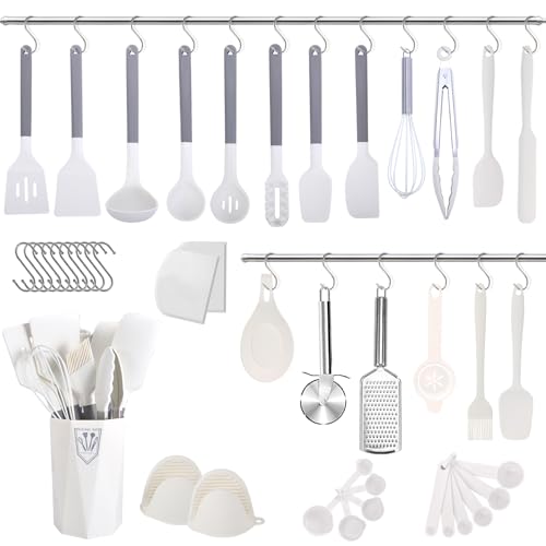 OLIYA 44 Stücke Flacher Griff Silikon Küchenutensilien, Antihaft Silikon Kochen Werkzeuge Spatel Set mit Tablett, Silikon Küche Gadgets Set (Weiß) von OLIYA