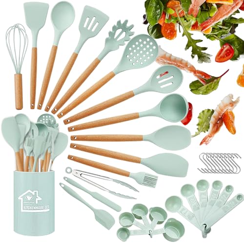 OLIYA Küchengeschirr Set, 35pcs Set Antihaft Silikon Kochgeschirr Set Ohne BPA mit Halterung, Hitzebeständiger Holzgriff, Küchengeschirr von OLIYA