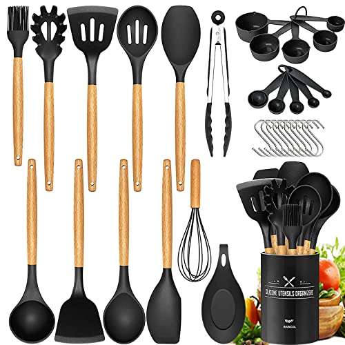 Silikon Kochgeschirr Set,OLIYA 33 Pcs Kochlöffel Set mit Holzgriffen,Antihaft Hitzebeständiger Silikonspatel Set, Geeignet für Küchenanfänger und Profis von OLIYA