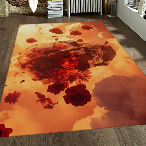 Burning Skull Teppiche Rote Rose Nebliger Himmel Romantischer Kunstteppich Weich Flauschig Waschbare Bereich Teppiche für Wohnzimmer Schlafzimmer Büro Wohnkultur 150x240cm von OLLIAR Home