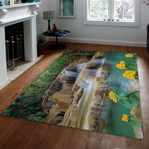 OLLIAR Home 3D Gedruckter Wasserfall Bereich Teppich Gelb Blume Fluss Wasser Natur Landschaft Teppiche Rutschfester leicht zu reinigender großer Teppich für Wohnzimmer Wohnkultur 150x200cm von OLLIAR Home