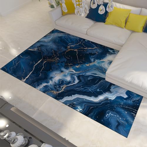 OLLIAR Home Abstrakte Wolken Bereich Teppich Moderne Küstenteppiche für Schlafzimmer Esszimmer Marmor Ombre blaues Wirbelmuster Rutschfester niedrigfloriger Teppich 140 x 200 cm von OLLIAR Home