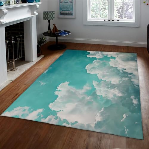 OLLIAR Home Abstrakte weiße Wolken druckt Bereich Teppich natürliche Landschaft Stil ästhetisch blaugrün werfen Teppiche für Schlafzimmer Wohnzimmer Küche Dekor 120 x 180 cm von OLLIAR Home