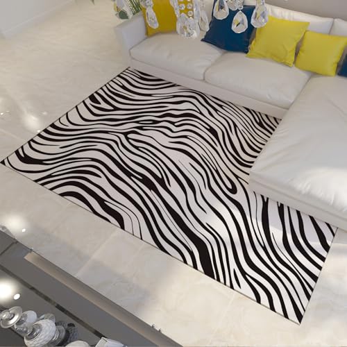 OLLIAR Home Abstrakter gestreifter waschbarer Teppich Moderner schwarzer und weißer Teppiche für Schlafzimmer Wohnzimmer Büro Spielzimmer Rutschfester Nicht ablösender dünner Teppich 150x200cm von OLLIAR Home