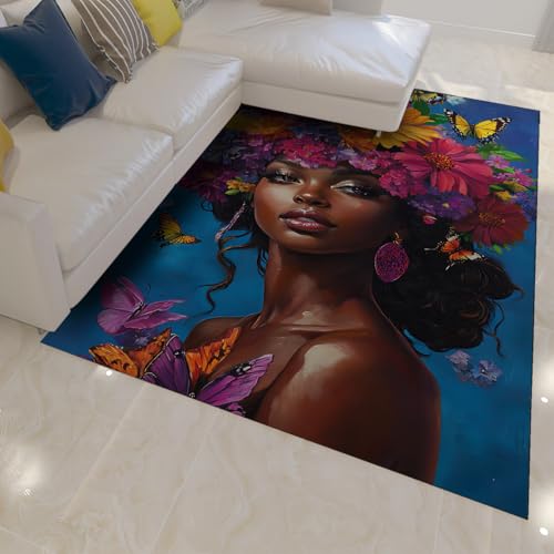 OLLIAR Home Afroamerikanische Schwarze Frau Teppiche für Schlafzimmer Blumen Schmetterling waschbarer Blauer Teppich rutschfeste niedrige Flor Fußmatten Teppich Wohnkultur 60x90cm OLLIAR Home Afroamerikanische Schwarze Frau Teppiche für Schlafzimmer Blumen Schmetterling waschbarer Blauer Teppich rutschfeste niedrige Flor Fußmatten Teppich Wohnkultur 60x90cm von OLLIAR Home