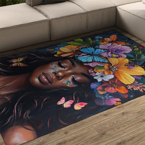 OLLIAR Home Amerikanische Schwarze Frau Bereich Teppiche Bunte Blumen Schmetterling Druck Teppich für Wohnzimmer Schlafzimmer Eingangsbereich Anti Rutsch niedrig Flor Innentür Matte 100x150cm OLLIAR Home Amerikanische Schwarze Frau Bereich Teppiche Bunte Blumen Schmetterling Druck Teppich für Wohnzimmer Schlafzimmer Eingangsbereich Anti Rutsch niedrig Flor Innentür Matte 100x150cm von OLLIAR Home