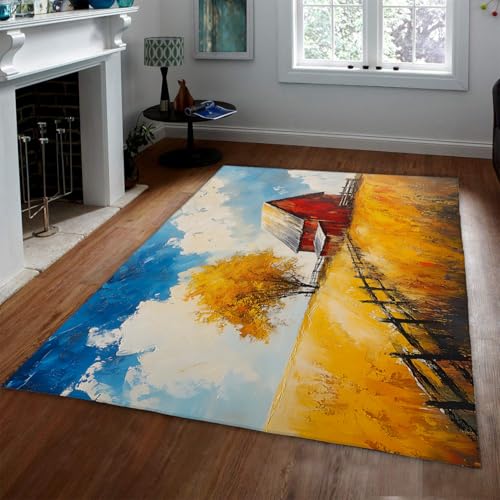 OLLIAR Home Aquarell Gelb Weizenfeld Türmatte Blau Himmel Rot Cottage Bauernhaus Bereich Teppiche Waschbar Indoor Outdoor Low Flor Teppich für Eingangsbereich Terrasse 160x230cm von OLLIAR Home