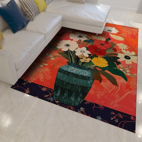 OLLIAR Home Boho Floral Teppiche für den Eingangsbereich Vintage Blume Vase Türmatte Waschbarer Rutschfester weicher flachfloriger Innenteppich für Wohnzimmer Schlafzimmer 150x210cm von OLLIAR Home