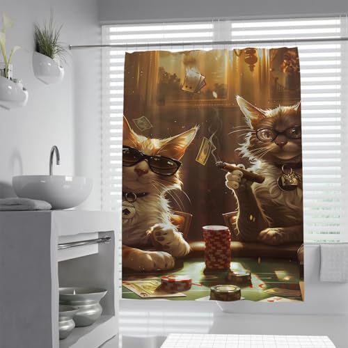 OLLIAR Home Braune Katze Duschvorhang Lustige Katze mit Brille Modernes dekoratives Duschvorhang Set Polyester wasserdichte Stoff Badevorhänge 180x200 von OLLIAR Home
