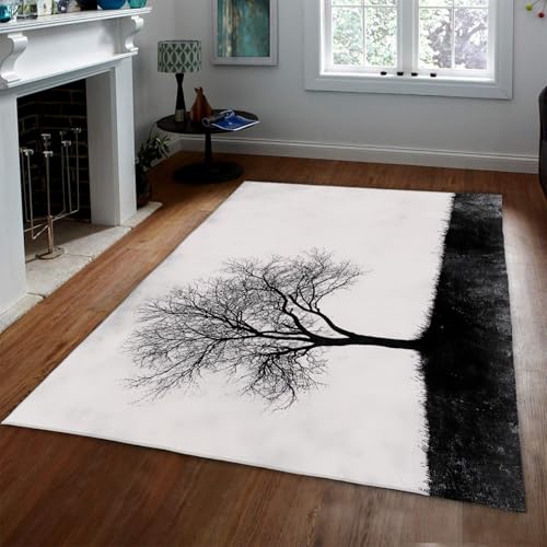 OLLIAR Home Einsame Baumteppiche für Schlafzimmer Schwarz und Weiß Minimalismus Design Bereich Teppich Waschbarer Rutschfester Niederflorteppich für Wohnzimmer Wohnkultur 160x230cm von OLLIAR Home