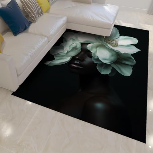 OLLIAR Home Elegante Schwarze Frau Bereich Teppiche Weiß Blumen Kopfschmuck Druck waschbar rutschfeste dünne große Teppichmatten für Wohnzimmer Schlafzimmer Flur 60x180cm von OLLIAR Home