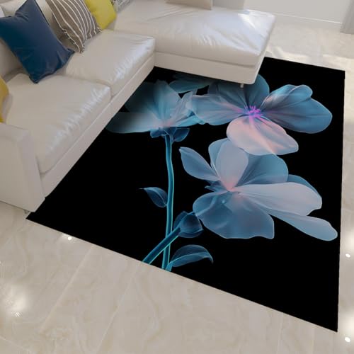 OLLIAR Home Eleganter Blauer Blumenteppich moderner verträumter Designteppich mit schwarzem Hintergrund Waschbarer Rutschfester Teppich mit niedrigem Flor für Wohnzimmer Küche 150x240cm OLLIAR Home Eleganter Blauer Blumenteppich moderner verträumter Designteppich mit schwarzem Hintergrund Waschbarer Rutschfester Teppich mit niedrigem Flor für Wohnzimmer Küche 150x240cm von OLLIAR Home