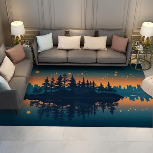 OLLIAR Home Fantasy Cartoon Teppich Wald Insel Sternenhimmel Stadt Nacht Szene Reflexion Muster Waschbare Flachflor Bereich Teppiche für Wohnzimmer Kinderzimmer 160x220cm von OLLIAR Home
