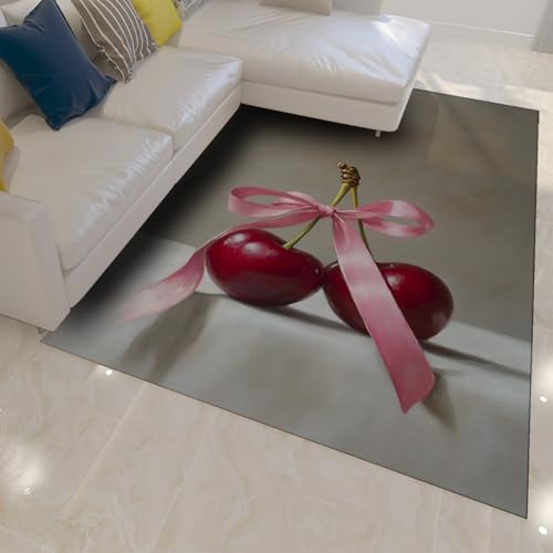 OLLIAR Home Große waschbare Küchenteppiche Realistischer Teppich aus roten Kirschfrüchten Rutschfester niedrigfloriger leicht zu reinigender Teppich für Esszimmer unter dem Tisch Schlafsaal 100x150cm von OLLIAR Home