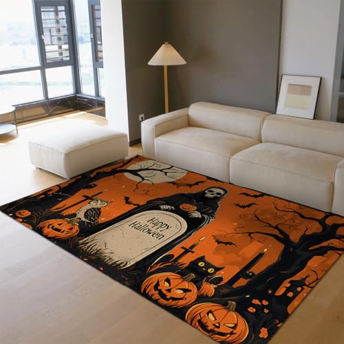 OLLIAR Home Gruseliger Halloween-Teppich Seltsamer Totenkopf Kürbis Fledermaus Orange und Schwarz Teppiche Waschbarer weicher Niederflorteppich für Wohnzimmer Balkon 180x240cm von OLLIAR Home