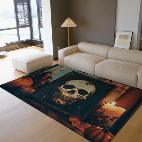 OLLIAR Home Halloween Dark Style Bereich Teppiche Spooky Skull Kürbis Kerzendruck waschbar niedrigflorig Rutschfester Teppich Fußmatten Raumdekoration 60x90cm von OLLIAR Home