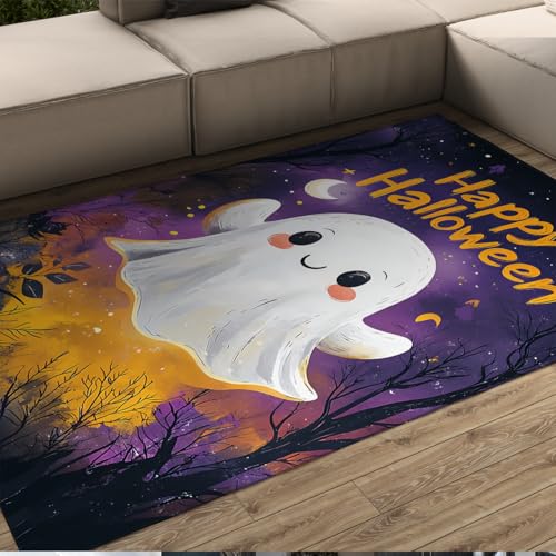 OLLIAR Home Halloween Fußmatte Niedliche Geister Lila rutschfeste Indoor Outdoor Bereich Teppiche Fantasy Sternenhimmel Cartoon Teppich für Veranda Party Urlaub Dekor 60x90cm von OLLIAR Home
