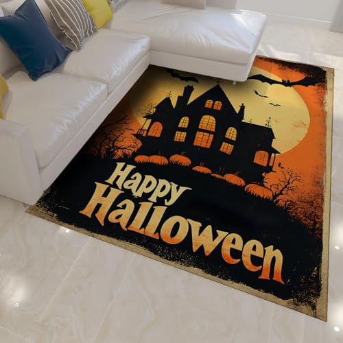 OLLIAR Home Halloween Spooky Pumpkin Area Teppich Big Moon Bat Mysterious Castle Teppich für Schlafzimmer Waschbarer Rutschfester Niederflorteppich für Wohnzimmer 150x210cm von OLLIAR Home