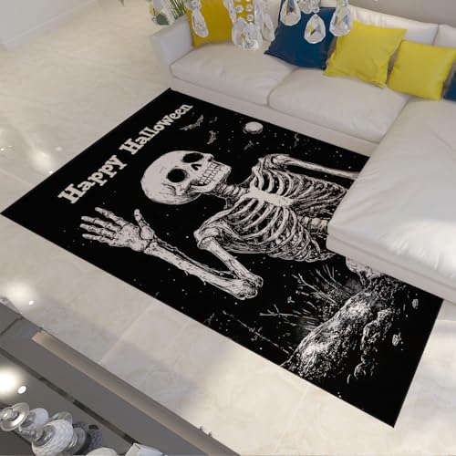 OLLIAR Home Lustige Totenkopf Skelett Fußmatten Schwarz und Weiß Halloween Bereich Teppiche rutschfest waschbar Leicht zu reinigen Dünner Teppich für Eingangsbereich Flur Küche 60x90cm von OLLIAR Home