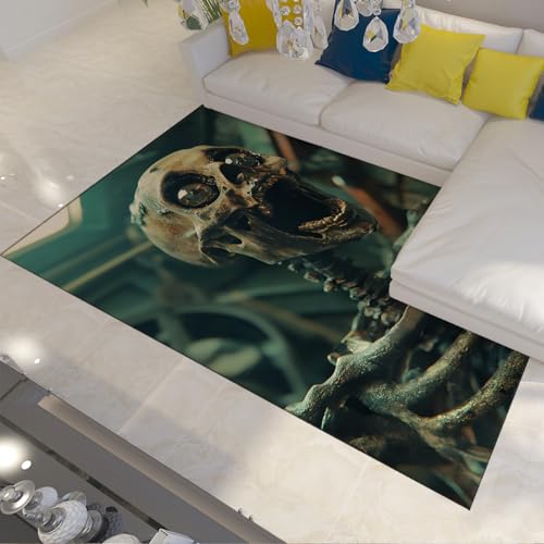 OLLIAR Home Lustige heulende Schädelteppiche gruseliges Skelett 3D Druck grüner Teppich waschbarer Rutschfester dünner Teppich für Wohnzimmer Spielzimmer Flur 60x90cm von OLLIAR Home