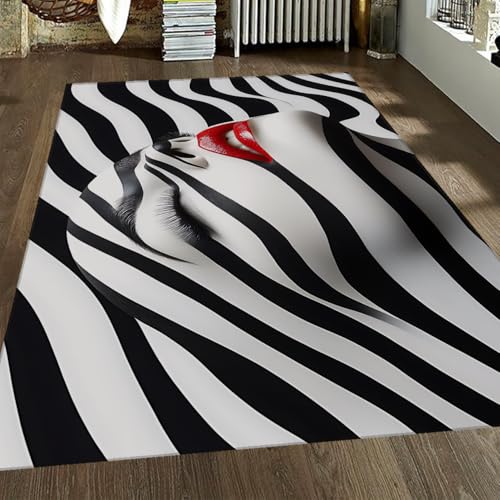 OLLIAR Home Moderne Art Deco Teppich Mode Frau Rote Lippen Schwarz Und Weiß Gestreifte Teppiche Waschbarer Rutschfester Bereich Teppich für Büro Studio Garderobe 120x170cm OLLIAR Home Moderne Art Deco Teppich Mode Frau Rote Lippen Schwarz Und Weiß Gestreifte Teppiche Waschbarer Rutschfester Bereich Teppich für Büro Studio Garderobe 120x170cm von OLLIAR Home
