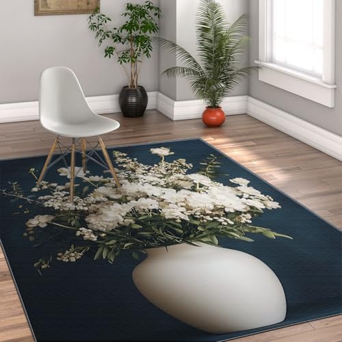 OLLIAR Home Moderne Blumen Bereich Teppiche Weiße Vase Blumen Elegante Kunst Dekor Design Rutschfester niedriger Flor Kleiner Teppich für Wohnzimmer Flur Nachttisch 140x200cm von OLLIAR Home