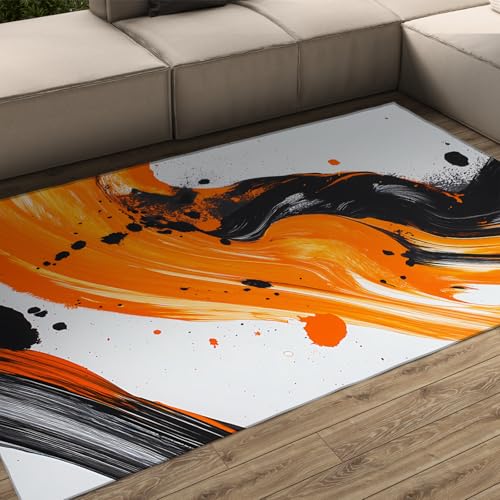 OLLIAR Home Moderner Abstrakter Teppich Bold Orange Schwarz Pinselstrich Zeitgenössische Kunst Teppiche Ultraweicher rechteckiger dünner Teppich für Wohnzimmer Büro 150x200cm von OLLIAR Home