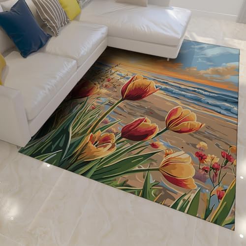 OLLIAR Home Moderner Aquarell Blumen Tulpe Teppich Abstrakter Ozean Strand Sonnenuntergang Landschaft Bereich Teppiche Rutschfester niedrigfloriger Teppich für Schlafzimmer Balkon Wäscherei 120x170cm von OLLIAR Home