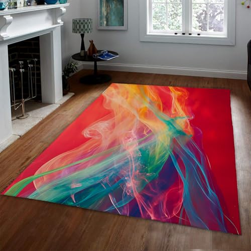 OLLIAR Home Moderner Luxus Teppich Lebendige abstrakte fließende Linien Kunst Rote Fläche Teppiche Tragbarer waschbarer Rutschfester Teppich für Wohnzimmer Schlafzimmer Hotel Büro 150x210cm von OLLIAR Home