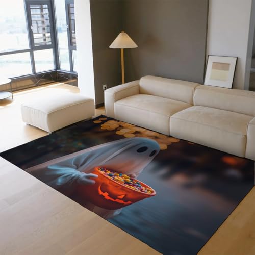 OLLIAR Home Niedlicher Halloween-Stil Bereich Teppich Verspielter Geist und Süßigkeiten Kürbis Muster Teppiche Rutschfester waschbarer dünner Teppich für Eingangsbereich Veranda 150x240cm von OLLIAR Home