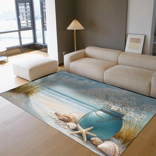 OLLIAR Home Ocean Beach Collection Akzentbereich Teppiche Blumenvase Muschel Design Nicht verschütten pflegeleichter Indoor Outdoor Teppich für Terrasse Hinterhof 120x180cm von OLLIAR Home