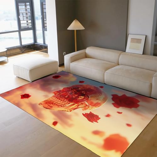 OLLIAR Home Romantische Totenkopfteppiche verträumte rote Rose verschwommener Hintergrunddruck Bereich Teppich weicher komfortabler tragbarer pflegeleichter Teppich für Wohnzimmer Küche 160x230cm von OLLIAR Home