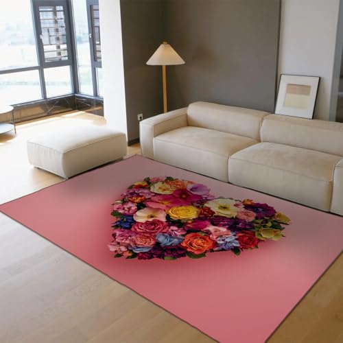 OLLIAR Home Romantischer Themenbereich Teppich Bunte Blumen und Herzmuster Rosa Teppich Ultra weiche rutschfeste Niederflorteppiche für Wohnzimmer Schlafzimmer Esszimmer 180x240cm von OLLIAR Home