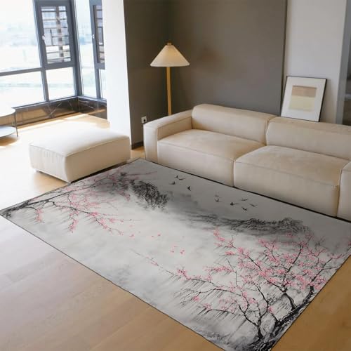 OLLIAR Home Rosa Kirschblüte Bergteppiche Weicher Rutschfester waschbarer Teppich Traditioneller japanischer Tuschemalerei Kunstteppich für Wohnzimmer Esszimmer 150x210cm von OLLIAR Home