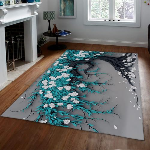 OLLIAR Home Schicker orientalischer Alter Baumteppich blau grüne Blätter fallende Blumen graue Fläche Teppiche Flauschiger Faltbarer dünner Teppich für Wohnzimmer Balkon 60x90cm OLLIAR Home Schicker orientalischer Alter Baumteppich blau grüne Blätter fallende Blumen graue Fläche Teppiche Flauschiger Faltbarer dünner Teppich für Wohnzimmer Balkon 60x90cm von OLLIAR Home