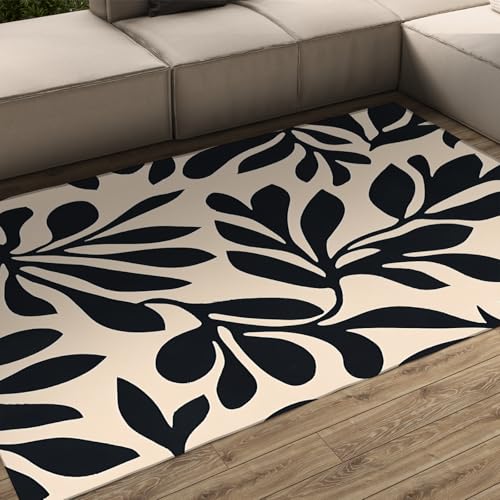 OLLIAR Home Schwarz und Weiß Minimalistische Wohnzimmerbereich Teppiche Klassische Pflanze Blatt Print Fußmatten Teppich für Schlafzimmer Esszimmer Büro Flure 150x200cm von OLLIAR Home