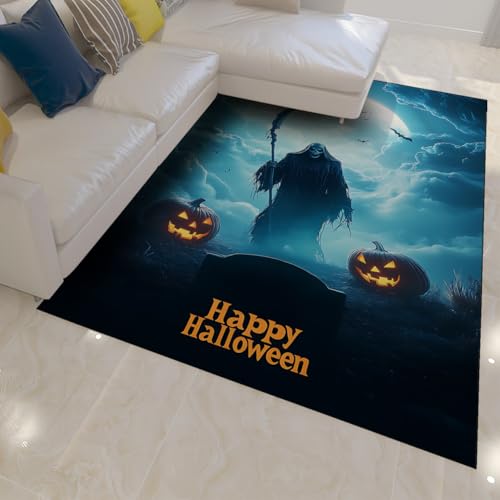 OLLIAR Home Spooky Dark Halloween Teppiche Fantasy Sky Pumpkin Skull Area Teppich Blau und Schwarz waschbarer Rutschfester Teppich für Wohnzimmer Klassenzimmer 150x200cm von OLLIAR Home