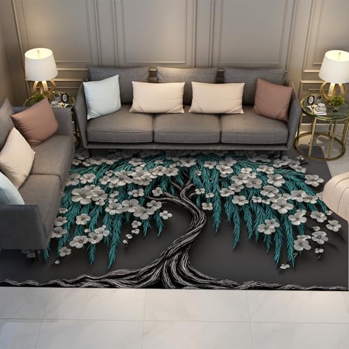 OLLIAR Home Vintage Abstrakter Baumbereich Teppich Blau Trauerweide Weiße Blumen Grau Teppiche Waschbarer Rutschfester dünner Teppich für Schlafzimmer Küche Gästezimmer 60x120cm OLLIAR Home Vintage Abstrakter Baumbereich Teppich Blau Trauerweide Weiße Blumen Grau Teppiche Waschbarer Rutschfester dünner Teppich für Schlafzimmer Küche Gästezimmer 60x120cm von OLLIAR Home