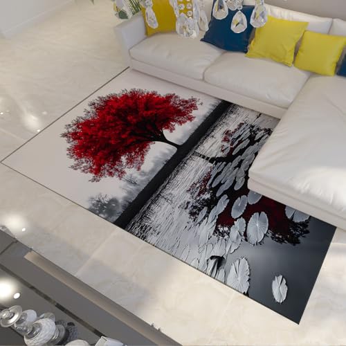 OLLIAR Home Waschbare niedrigflorige Teppiche für Wohnzimmer Schlafzimmer Roter Lebensbaum Bereich Teppich Teich Lotus Blatt Reflexion Muster Indoor Dekorativer Teppich 150x200cm von OLLIAR Home
