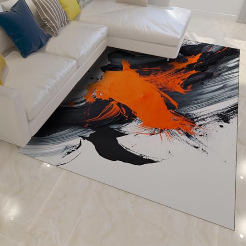 OLLIAR Home Zeitgenössischer lebendiger Teppich in Orange und Schwarz Abstrakte Pinselstriche Akzent Türmatte Waschbare rutschfeste weiche Teppiche für Kinderzimmer Schlafsaal Büro 160x230cm von OLLIAR Home