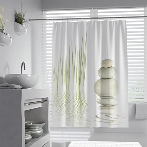 OLLIAR Home Zen Stein Duschvorhang Salbei Grün Wildgras Reflexion in Wasser Drucke Badewannen Vorhang Pflegeleicht Waschbarer Badvorhang 200x220cm von OLLIAR Home
