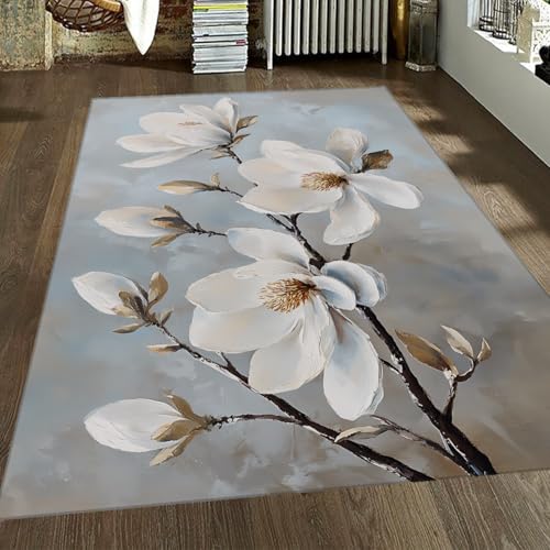Weißer Magnolienteppich blühende Blume Vintage Innenbereich Teppiche für Schlafzimmer Wohnzimmer waschbar Rutschfester Teppich mit niedrigem Flor Home Decor 150x240cm von OLLIAR Home