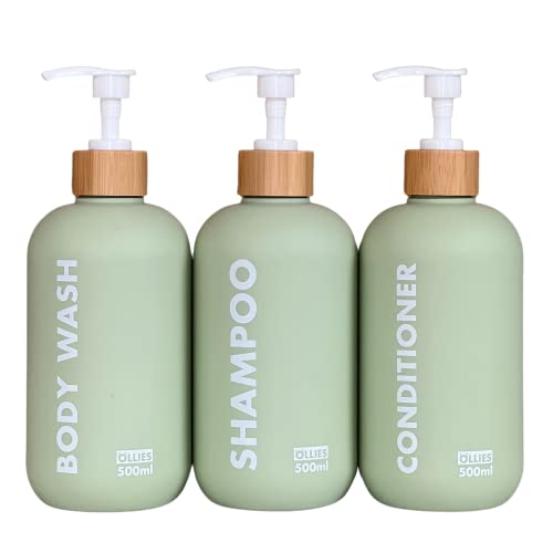 OLLIES Shampoo- und Spülungsspender, Duschseifenspender für Badezimmer, 3er-Set mit permanentem, stilvollem Etikett, 500 ml, nachfüllbare Shampoo- und Conditioner-Flaschen, Grün von OLLIES