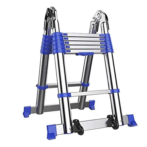 OLSDXAWQ， Robuste Teleskopleiter mit Stabilisatorstange und Rädern – Mehrzweck-A-Rahmen/gerade zusammenklappbare Dachbodenleitern for Zuhause, Garage und mehr(2.55+2.55m) von OLSDXAWQ