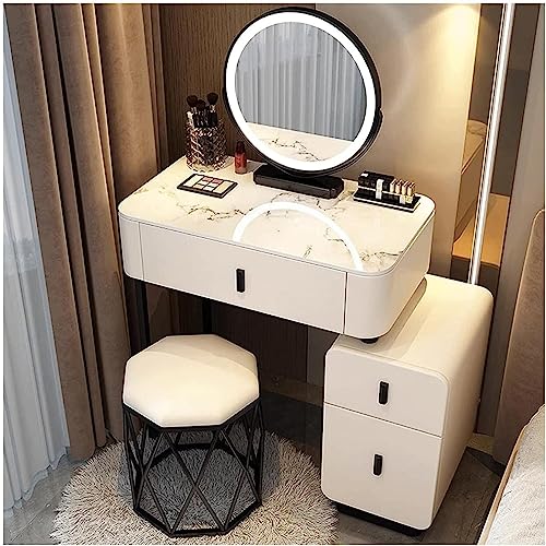 OLSKFUH Vanity Desk MDF + Vanity Desk aus Massivholz, Schminktisch mit 3 Schubladen mit LED-Spiegel, gepolsterter Schminktisch, Hocker für Vanity Gorgeous (Weiß B 70 cm) von OLSKFUH