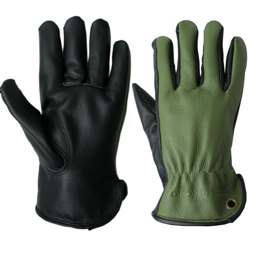 OLSON DEEPAK Retro Braun Leder Arbeitshandschuhe für Schnitt/Motorrad/Bauernhof, Rindsleder Arbeitshandschuhe mit verblasstem Effekt für Männer (Grün Schwarz, M) von OLSON DEEPAK