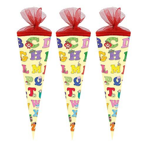 3er Pack Schultüte"ABC" 35 cm rund gelb Zuckertüte Schulanfang von OLShop AG