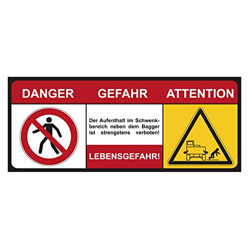 Bagger-Aufkleber Danger Gefahr Attention Lebensgefahr 500 x 200 mm Warnschild Schwenkbereich Bagger von OLShop AG